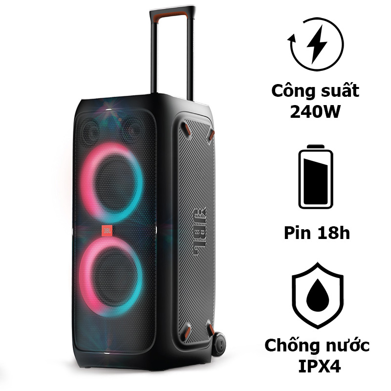 Loa JBL Partybox 310 Chính Hãng, Pin 18h, LED Đẹp, Công Suất 240W, IPX4, Bluetooth, AUX, USB, Micro, Guitar, TWS