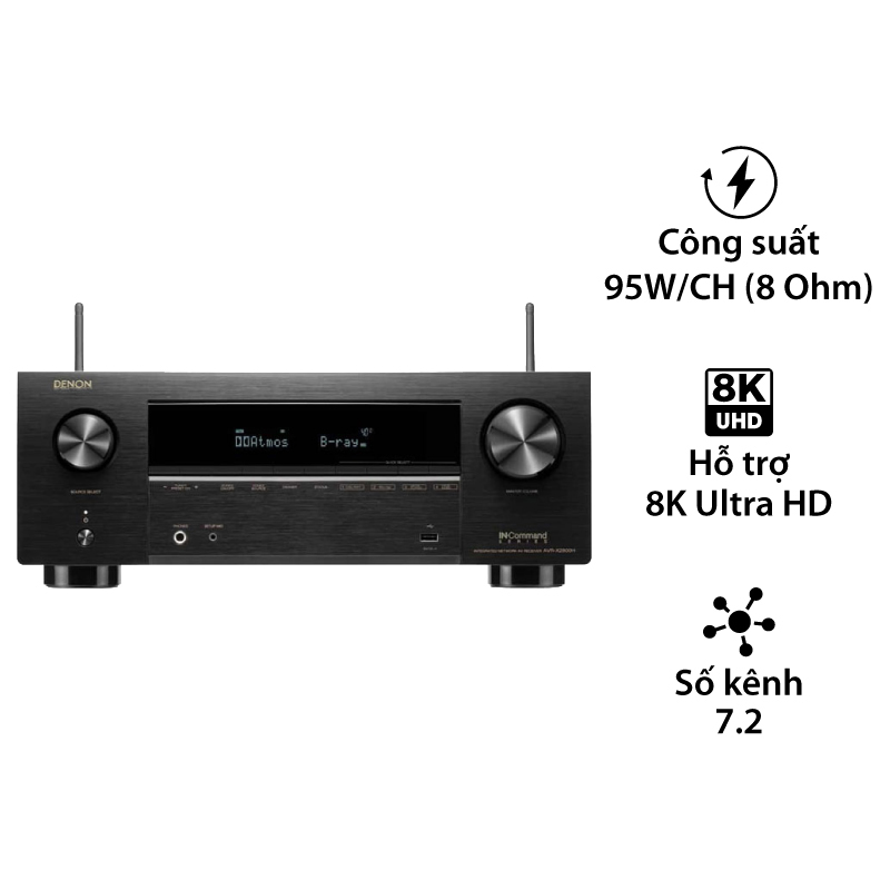 Amply Denon AVR-X2800H, 7.2 kênh, 95W (8 ohms), 8K Ultra HD, Bluetooth, USB, HEOS