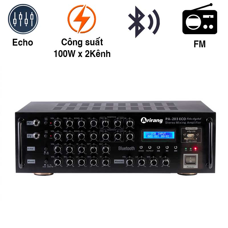Amply Arirang PA 203Eco (200W/2 Kênh, Bluetooth, FM, 8,5Kg)