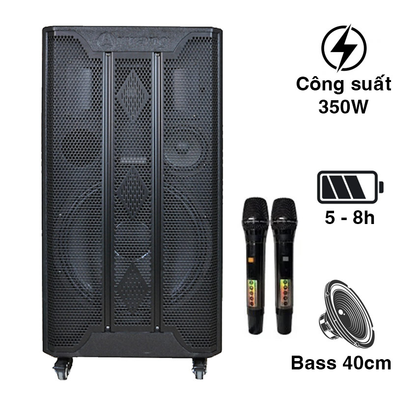 Loa kéo Arirang MK3 Max, Bass 40cm, công suất 350W, Pin 5-7h, kèm 2 tay micro