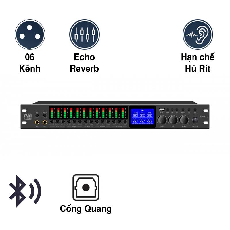 Vang cơ AM K9 Pro, FBX, Reverb, Echo, Bluetooth, USB, AUX, Optical