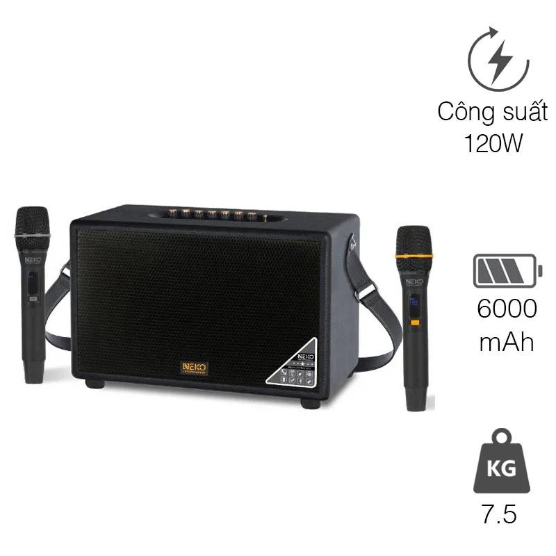 Loa Neko NK900, 120W, Bass 10cm, Bluetooth 5.0, Kèm 2 Micro (có sẵn pin cho mic và có thể sạc lại)