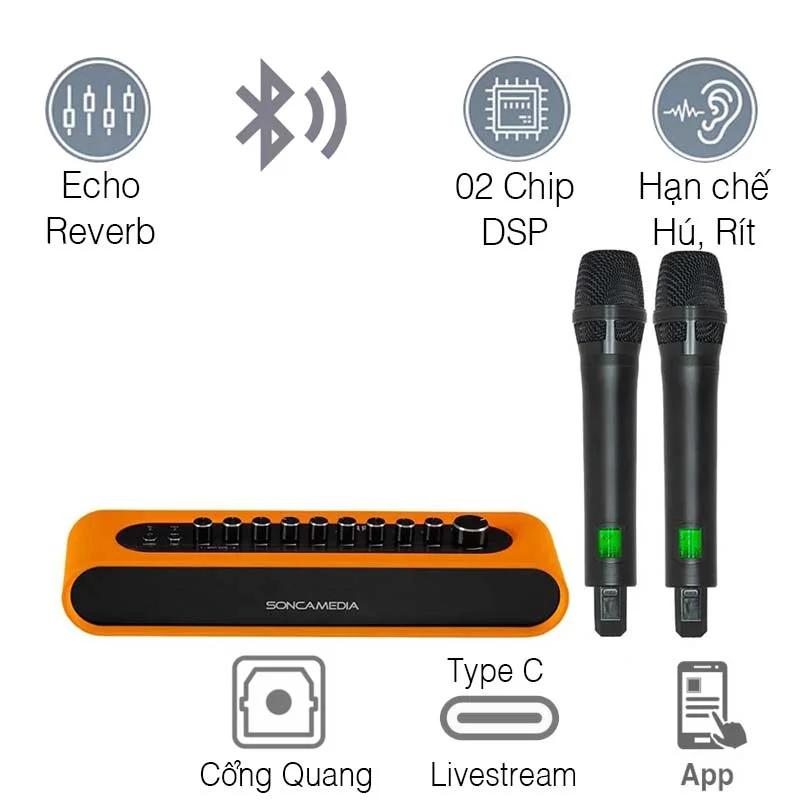 Micro Kèm Vang Acnos Mi36, Chống Hú FBX, Echo, Reverb DSP, Bluetooth 5.0, HDMI ARC, Optical, AUX, Guitar In, Optical Out