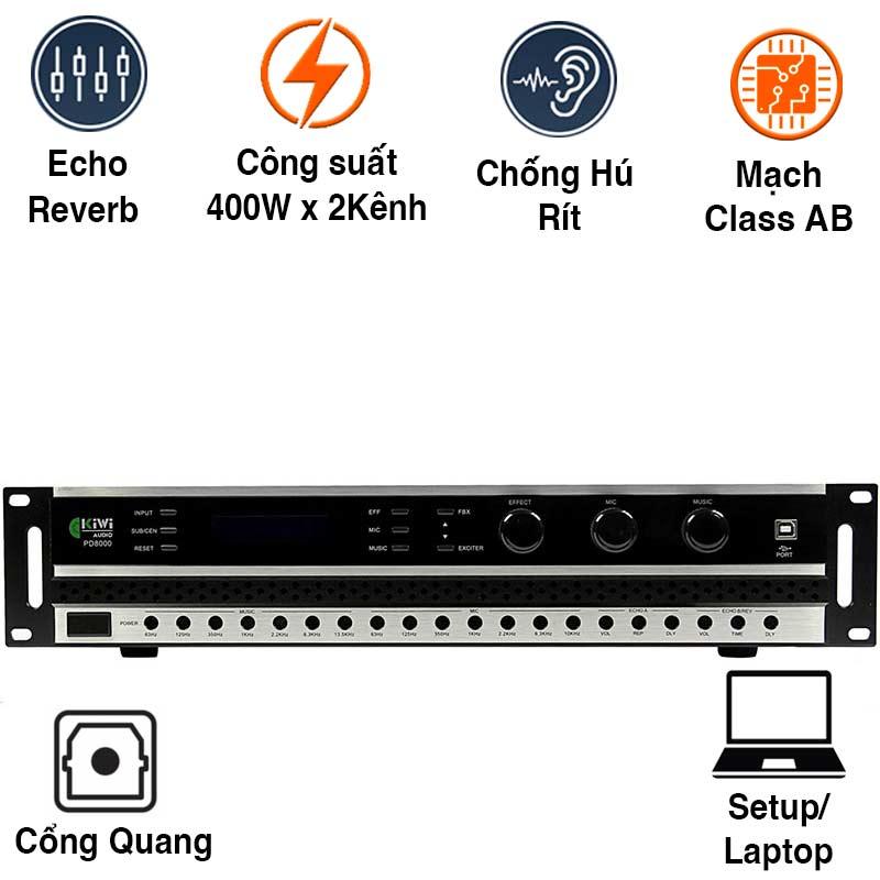 Cục Đẩy Liền Vang Kiwi PD8000, Công Suất 400W x 2 Kênh, Bluetooth, Optical Cục Đẩy Liền Vang Kiwi PD8000, Công Suất 400W x 2 Kênh, Bluetooth, Optical