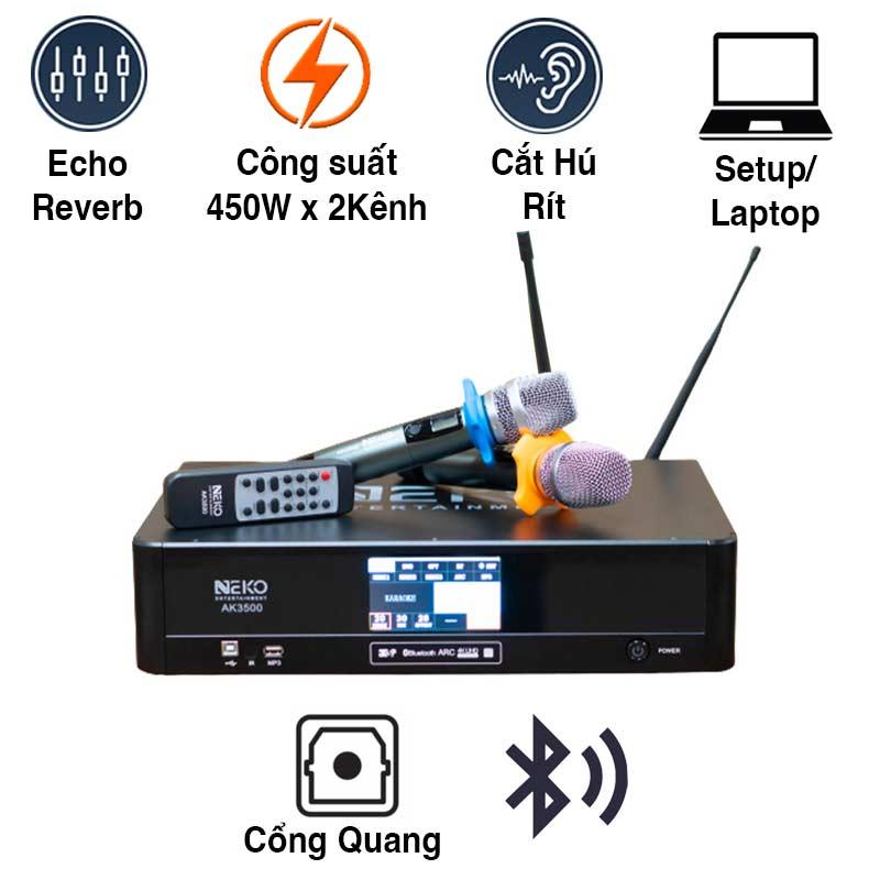 Đẩy liền vang Neko AK3500 (450Wx2 Kênh, Bluetooth, Optical, DSP Chống hú, 2 tay mic không dây) Đẩy liền vang Neko AK3500 (450Wx2 Kênh, Bluetooth, Optical, DSP Chống hú, 2 tay mic không dây)