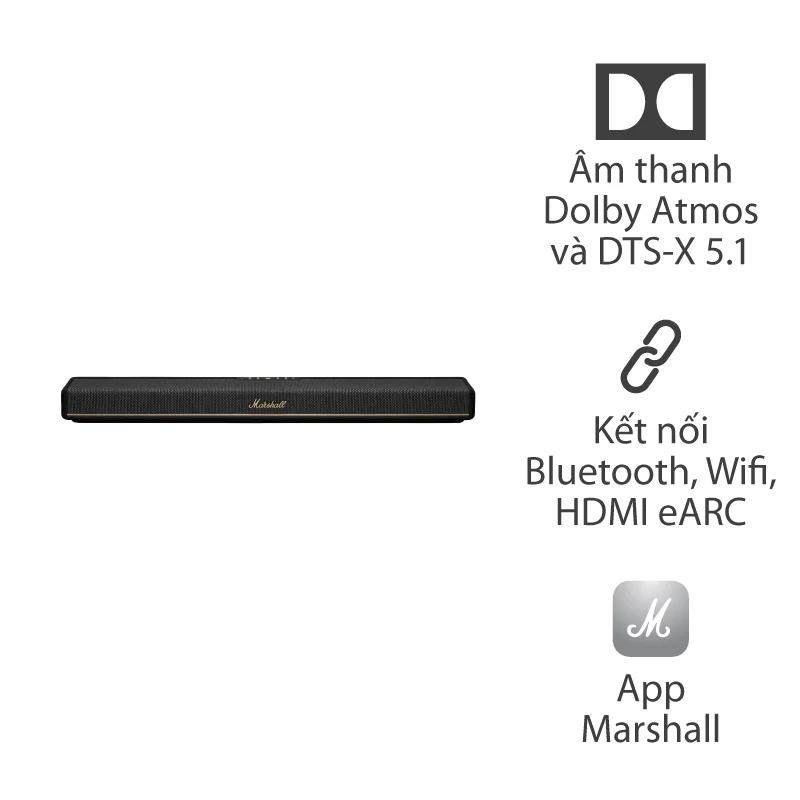 Loa soundbar Marshall Heston 60, Âm Thanh 5.1.2 Dolby Atmos DTS:X, Công suất 56W, Wi-Fi 6, Bluetooth 5.3, HDMI eARC, AUX 3.5mm, ứng dụng Marshall Loa soundbar Marshall Heston 60, Âm Thanh 5.1.2 Dolby Atmos DTS:X, Công suất 56W, Wi-Fi 6, Bluetooth 5.3, HDMI eARC, AUX 3.5mm, ứng dụng Marshall