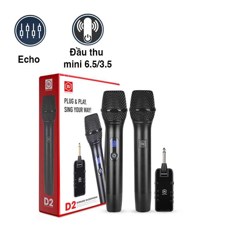 Micro Không Dây Alpha Works D2, Kết nối qua cổng 6 ly hoặc AUX 3,5mm, 2 tay mic, Chuyên cho loa bluetooth Micro Không Dây Alpha Works D2, Kết nối qua cổng 6 ly hoặc AUX 3,5mm, 2 tay mic, Chuyên cho loa bluetooth