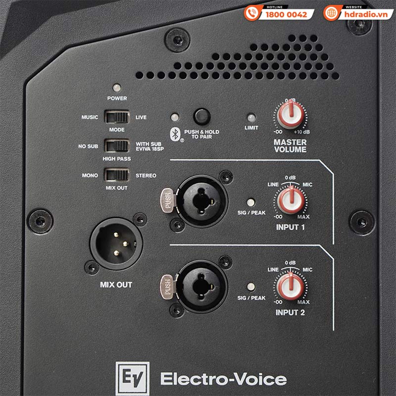 Loa Electro voice Eviva 15P, Bass 38cm, Công suất 1000W, Max SPL 126db, Bluetooth, XLR/TRS-8