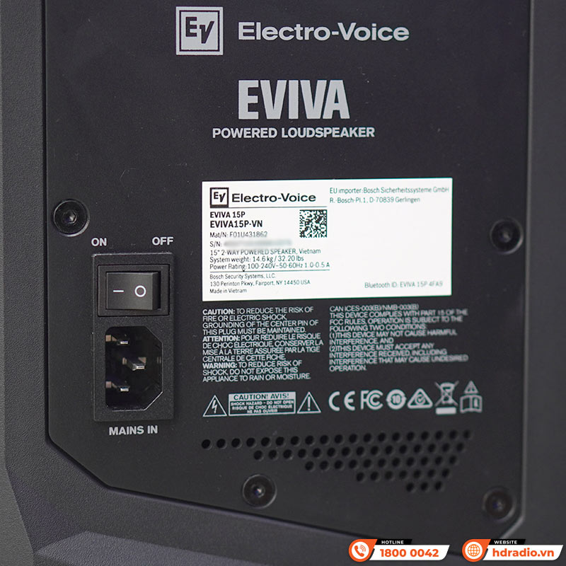 Loa Electro voice Eviva 15P, Bass 38cm, Công suất 1000W, Max SPL 126db, Bluetooth, XLR/TRS-9