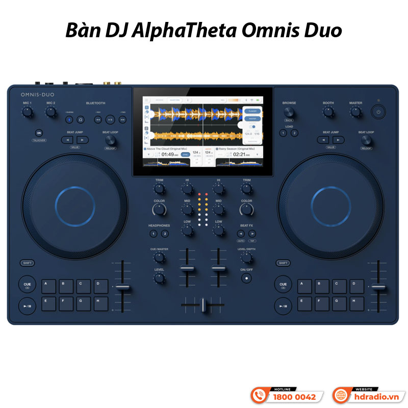 Bàn DJ AlphaTheta Omnis-Duo với màn hình hiển thị sóng âm, hai mâm xoay lớn và các nút điều chỉnh âm thanh.