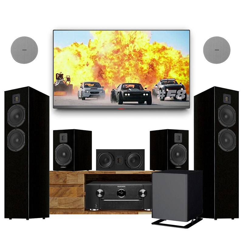 Dàn xem phim Dolby Atmos 5.1.2 Marantz, Piega DB17 (Marantz SR6015, Piega 7.0, 3.0, Center Large, Sub PS1, In ceiling 5.25)