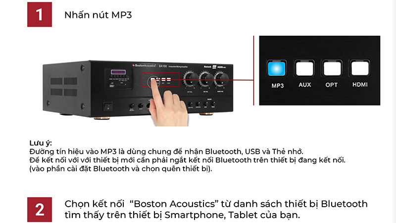 Amply Boston Acoustics BA100 kết nối Bluetooth