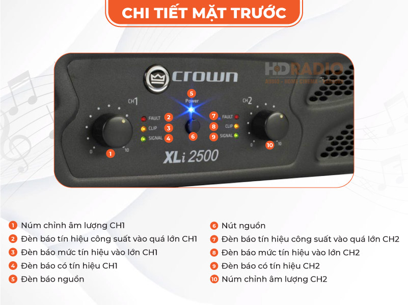 Cục Công Suất Crown XLi 2500 các núm chức năng