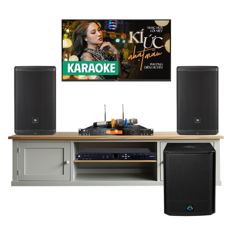 Dàn karaoke gia đình KGD243 (JBL Eon 715, JKaudio X6000 Plus, JKaudio B9, Wharfedale AX15B)