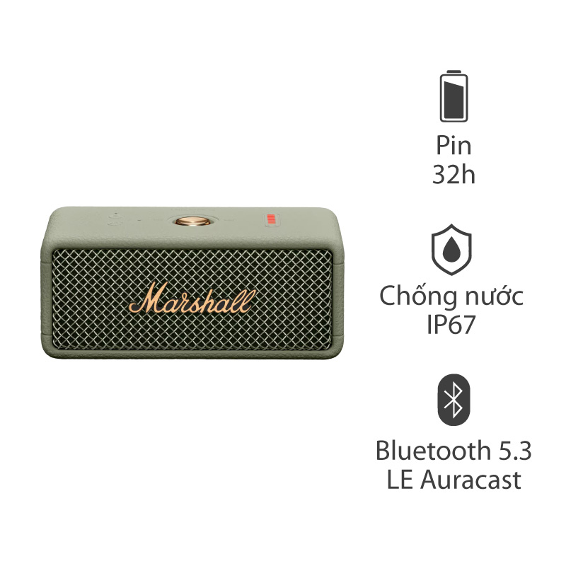Loa Marshall Emberton III Sage Edition, Pin 32h, IP67, Bluetooth 5,3 LE Auracast, Mic đàm thoại, App Marshall Bluetooth