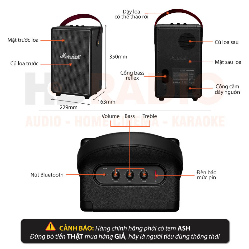 Loa Marshall Tufton, Pin 20h, Công Suất 80W, Chống Nước IPX2, Bluetooth 5.0, AUX-1