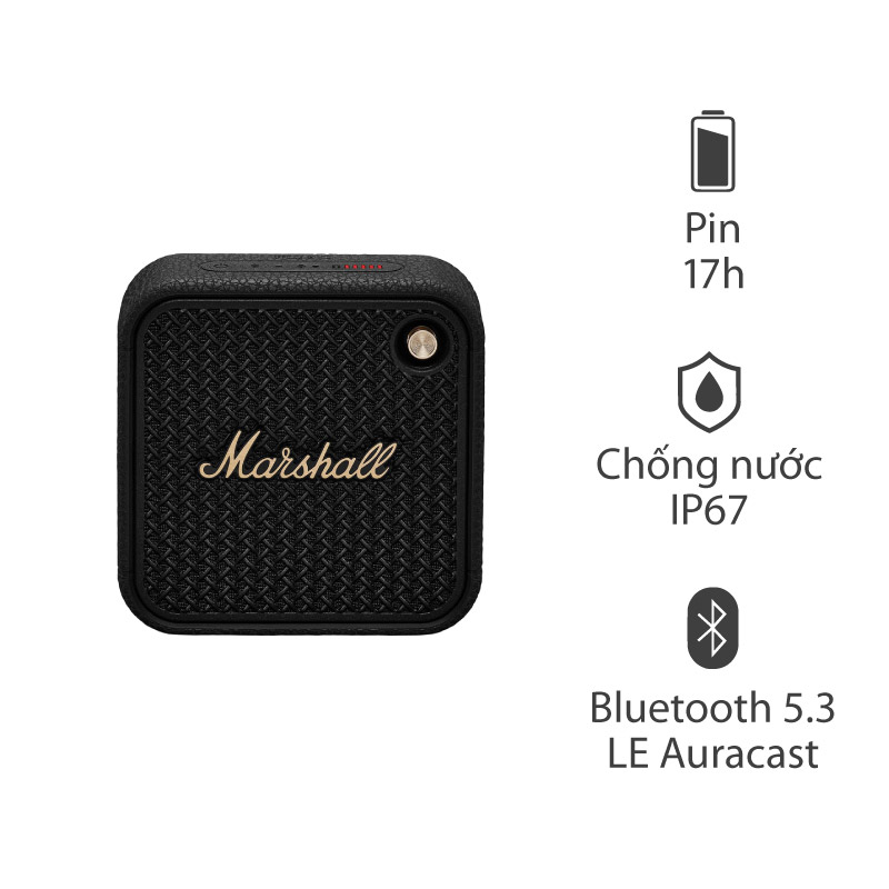 Loa Marshall Willen 2 (II), Pin 17h, IP67, Bluetooth 5.3 LE Auracast, 10W, Mic đàm thoại, App Marshall Bluetooth