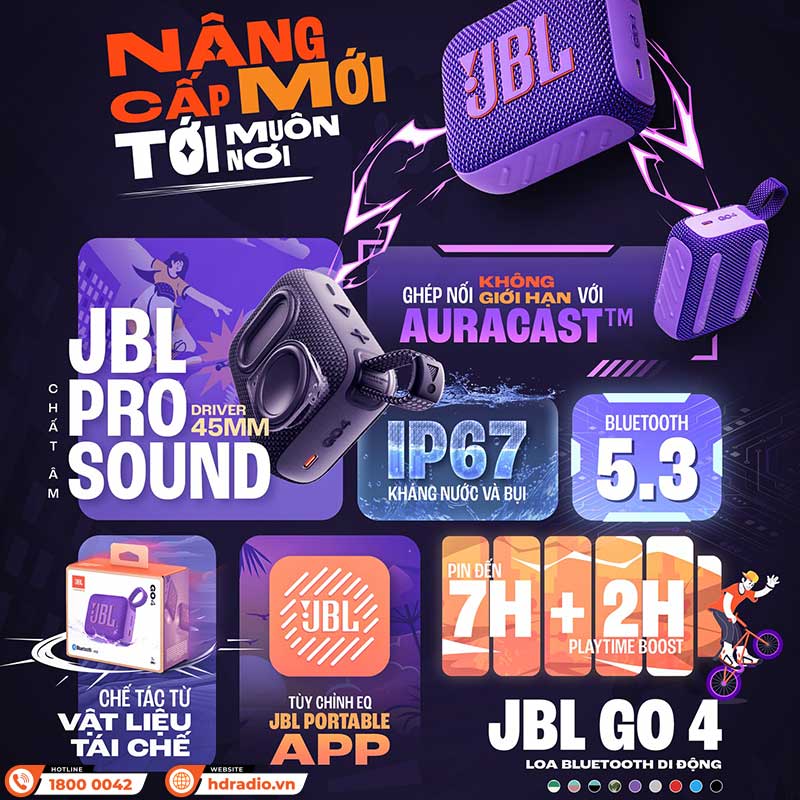 Loa JBL Go 4, Bluetooth 5.3, Pin 7h, Chống Nước IP67, Auracast, Ứng dụng JBL Portable, Nhiều Màu Sắc-23