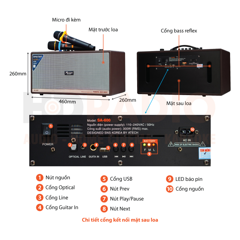 Loa Acrowin SA600, Công Suất 300W, Bluetooth, AUX, Optical, Pin 8 giờ, Guita, USB, Kèm 2 Micro Không Dây-2