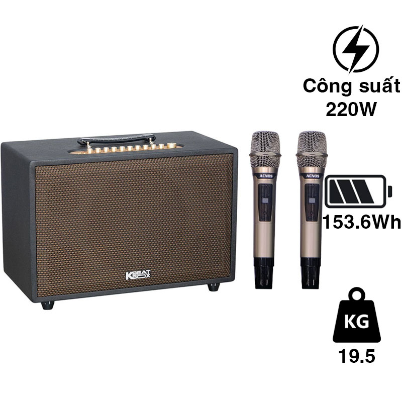Loa Acnos CS3800 Pro (NEW 2025) Bass 25cm, Công suất 220W RMS, Bluetooth,Pin 4h-8h, Kèm 2 Tay Mic