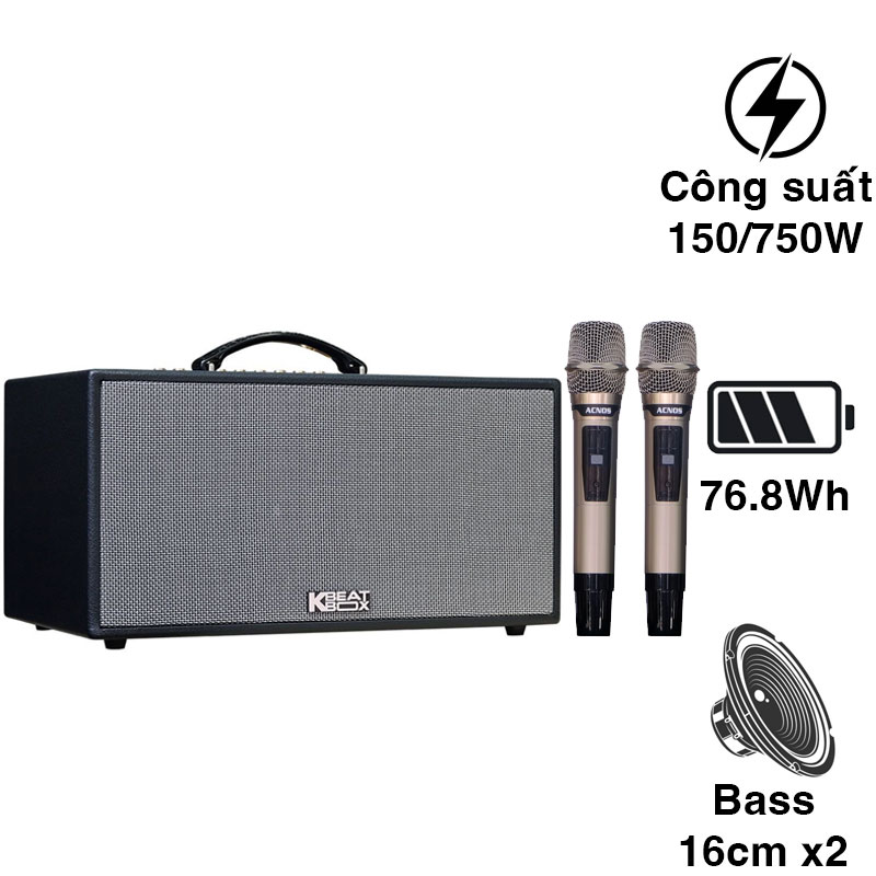 Loa Acnos CS448, Công suất 150W, Bluetooth 5.0, Mic Wireless Stereo, 2 tay micro