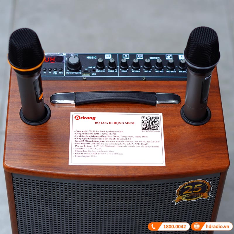 Loa Arirang MKS2, Bass 30cm, Công suất 80W, Bluetooth, AUX, USB, Thẻ Nhớ, Mic, Guitar, Kèm 2 micro-12