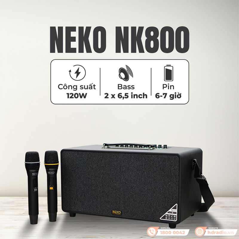 Loa Neko NK800, Bass 16.5cm, công Suất 120W, Pin 6-7h, Kèm 2 Tay Mic (có sẵn pin cho mic và có thể sạc lại)-29