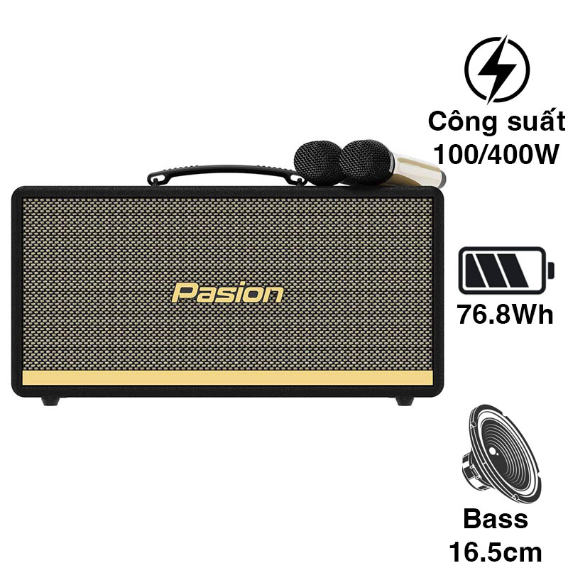 Loa Paramax Pasion 2, Công Suất 100W, Bluetooth 5.0, Pin 5 giờ, Optical, USB, AUX, Kèm 2 tay mic