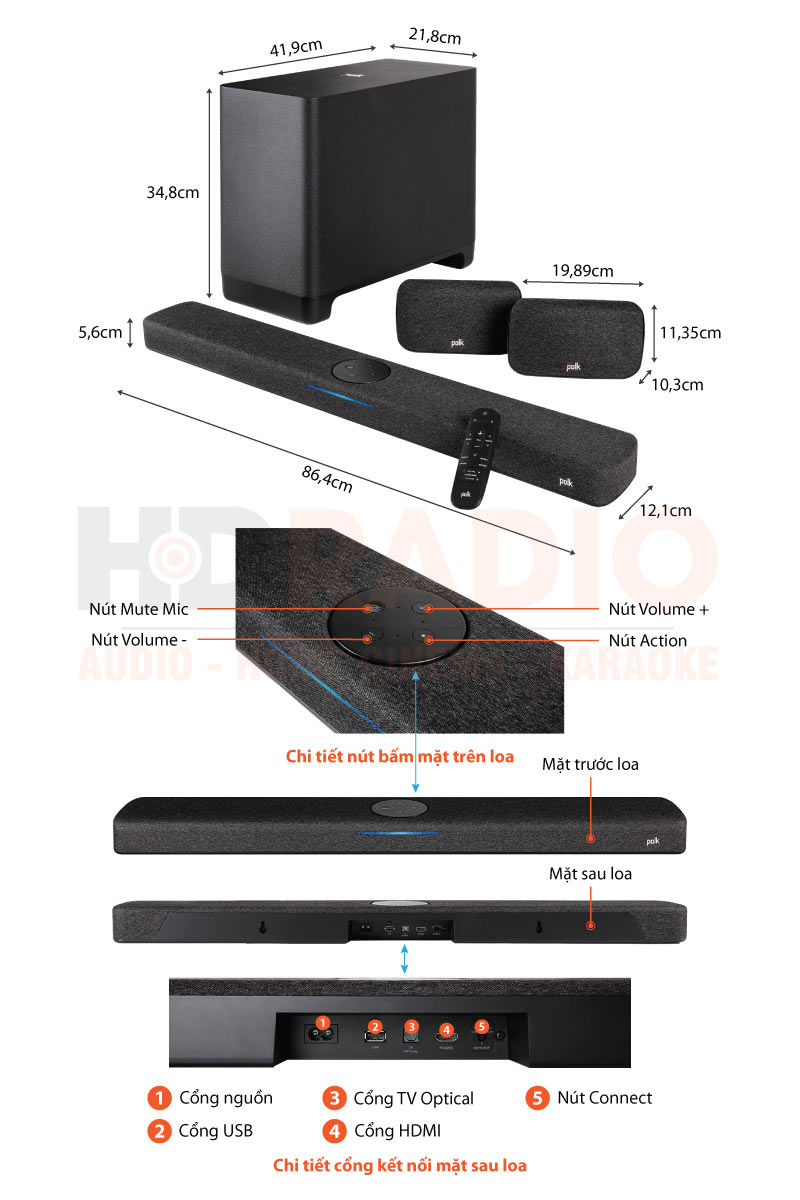 Chú thích loa soundbar Polk React Surround System Bundle