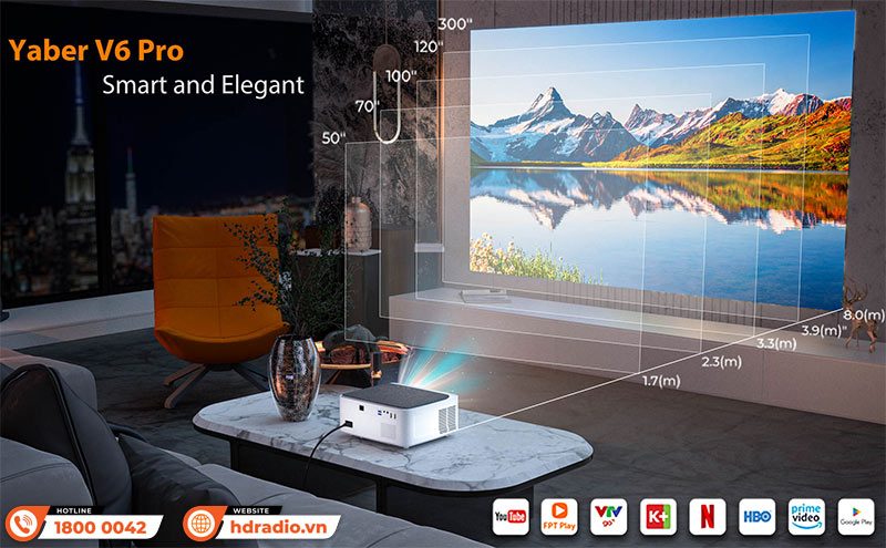 Máy chiếu Yaber V6 Pro hỗ trợ trình chiếu tới màn chiếu 300 inches