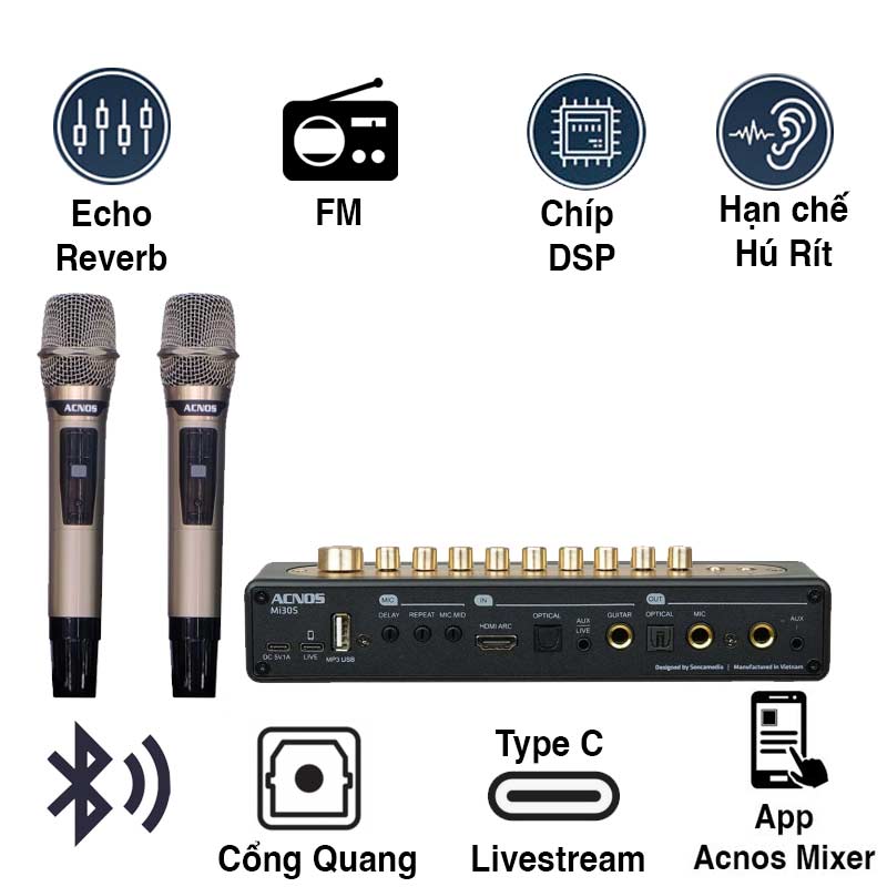 Micro Kèm Vang Acnos Mi30s Ver2024, Bluetooth 5.0, FM, LIVE, MP3 USB, HDMI ARC, OPTICAL, GUITAR, MIC, AUX