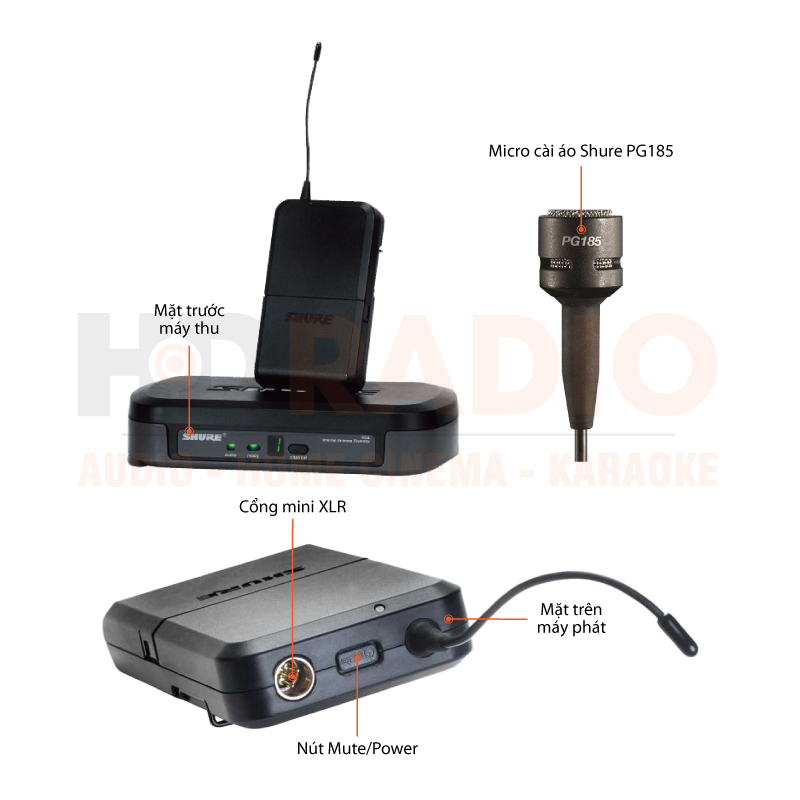 Chú thích Bộ thu và phát cầm tay kèm micro không dây cài áo Shure PG14/PG185
