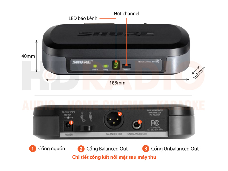 Chú thích Bộ thu và phát cầm tay kèm micro không dây cài áo Shure PG14/PG185