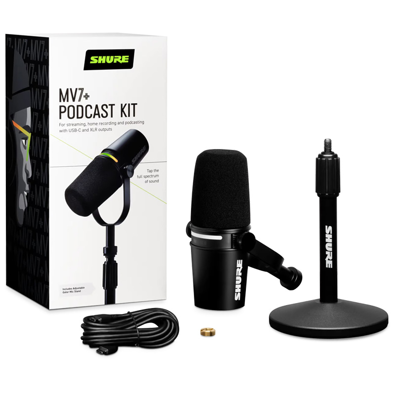 Bộ Micro Shure MV7+ Podcast Kit (BNDL) Đi kèm chân để bàn, Led đẹp, DSP, USB-C, XLR, AUX-4