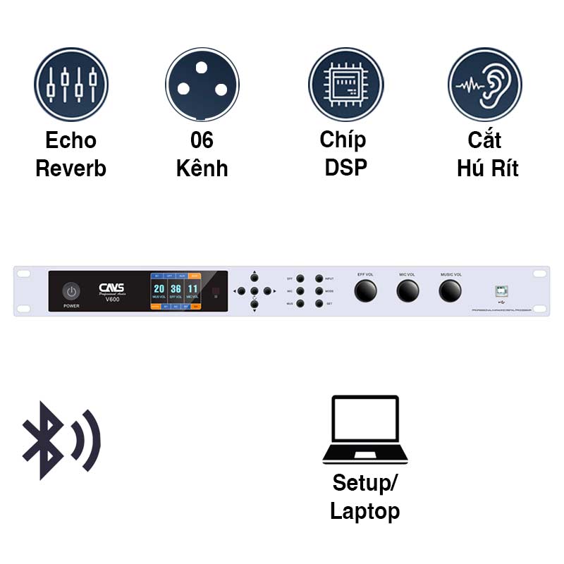 Vang Số CAVS V600, Chống hú rít, Bluetooth, Echo + Reverb