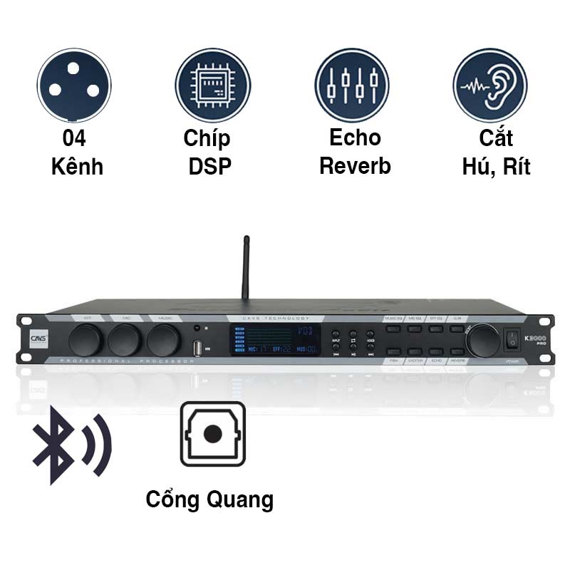 Vang cơ CAVS K3000 Pro, Bluetooth 5.0, Chống Hú Rít, Tích hợp Equalizer Micro và Music, Echo + Reverb