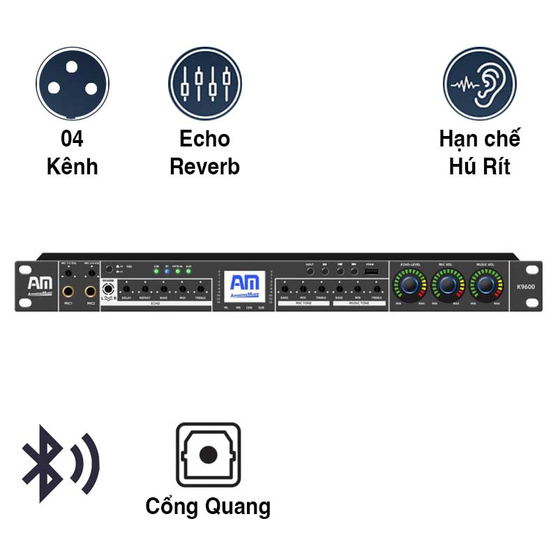 Vang cơ AM K9600, USB, Bluetooth, AUX, Optical