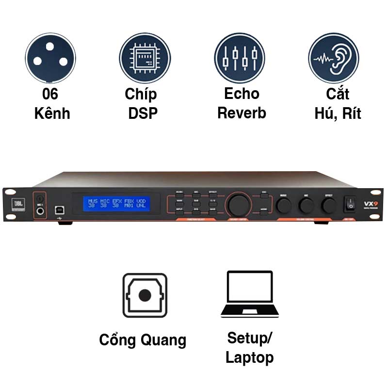 Vang số JBL VX9, DSP, USB2.0 Type-B, Optical, Coaxial, XLR, RCA (NEW 2025)