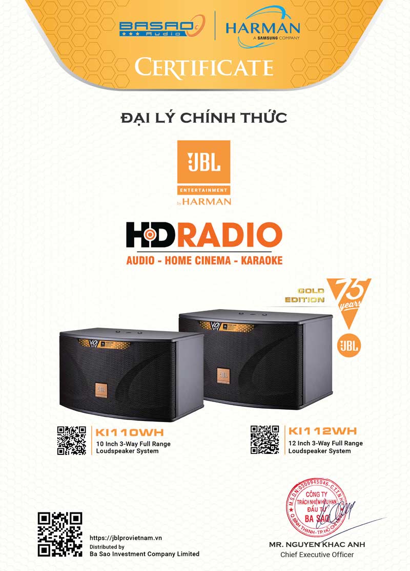 Chứng nhận HDRadio là đơn vị phân phối Độc Quyền Loa JBL Ki110 và JBL Ki112 Gold Edition tại Việt Nam