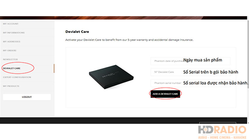 kích hoạt gói bảo hành Devialet Care