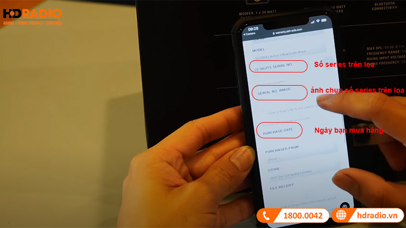 Trên trang kích hoạt bảo hành của hãng Marshall nhập số series trên loa, thêm ảnh chụp số series, thêm ngày bạn mua hàng